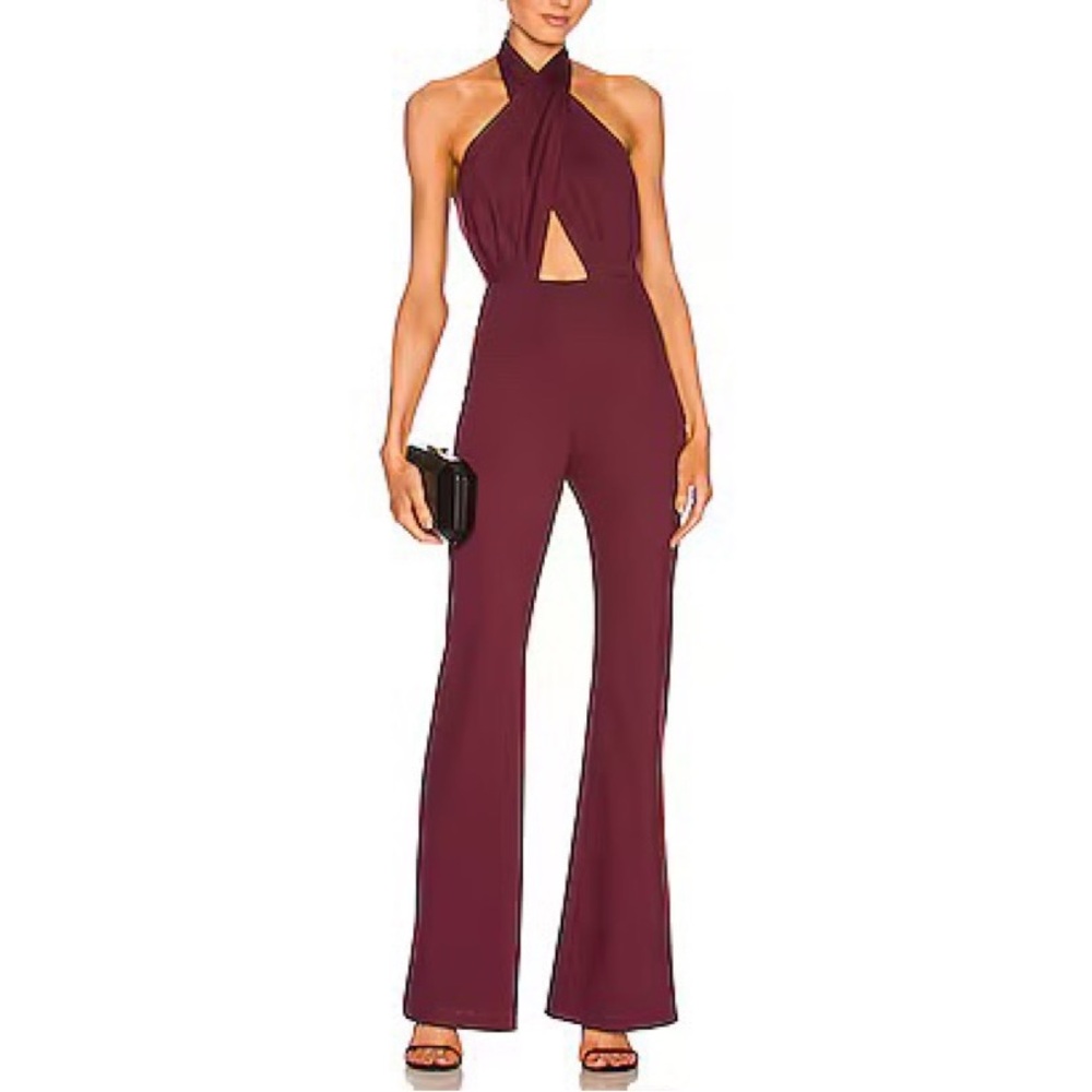 Amanda Uprichard Wine Halter Jumpsuit with Front Keyhole